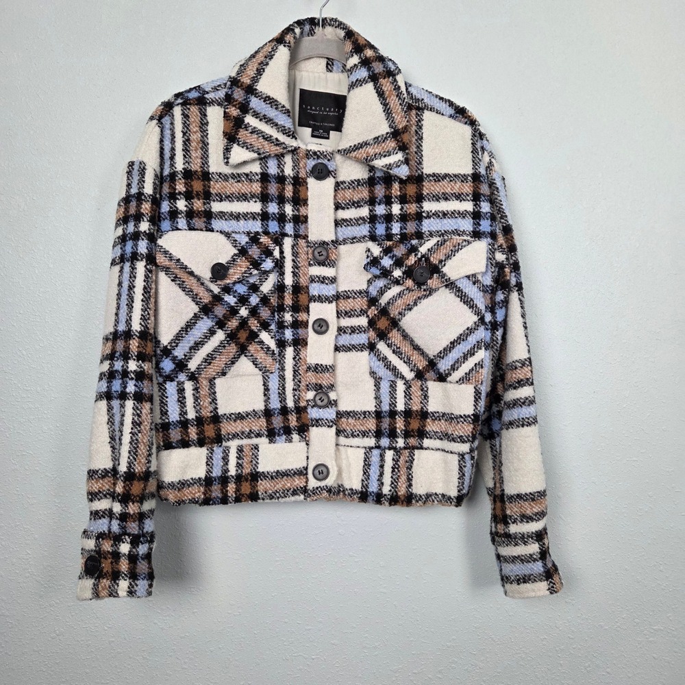 Sanctuary Women's XS Plaid Cropped Shacket – Cream Blue Brown CJ1004EB8